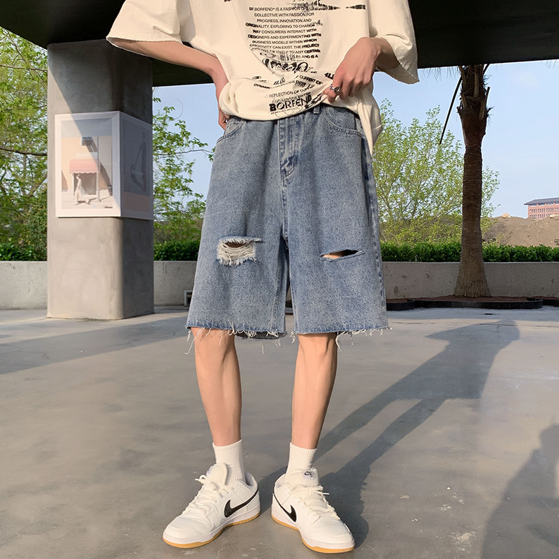 2025夏季纯色水洗割破男女同款五分牛仔短裤XZ503-1DK507P45控68，男装牛仔裤，星座503-1