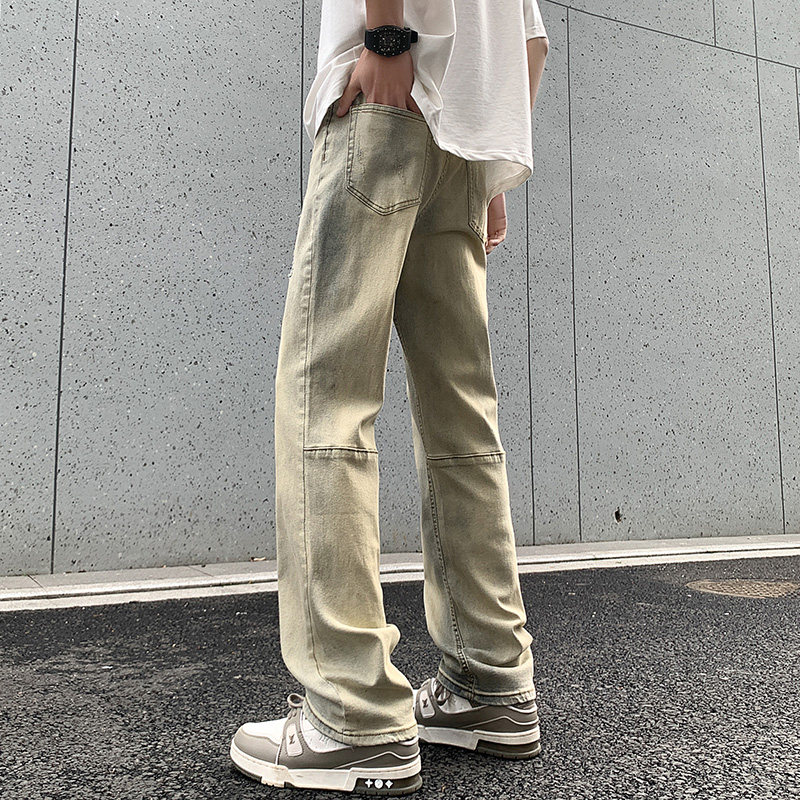 2025夏季拼接泥黄色破洞弹力修身薄款牛仔裤XZ503-1K828-P55控78,男装牛仔裤,星座503-1