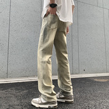 2025夏季拼接泥黄色破洞弹力修身薄款牛仔裤XZ503-1K828-P55控78，男装牛仔裤，星座503-1