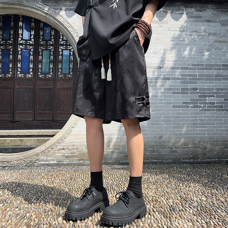 2025新中式风龙纹缎面冰丝料子盘扣设计五分裤DK523P35控58,男装牛仔裤,星座503-1