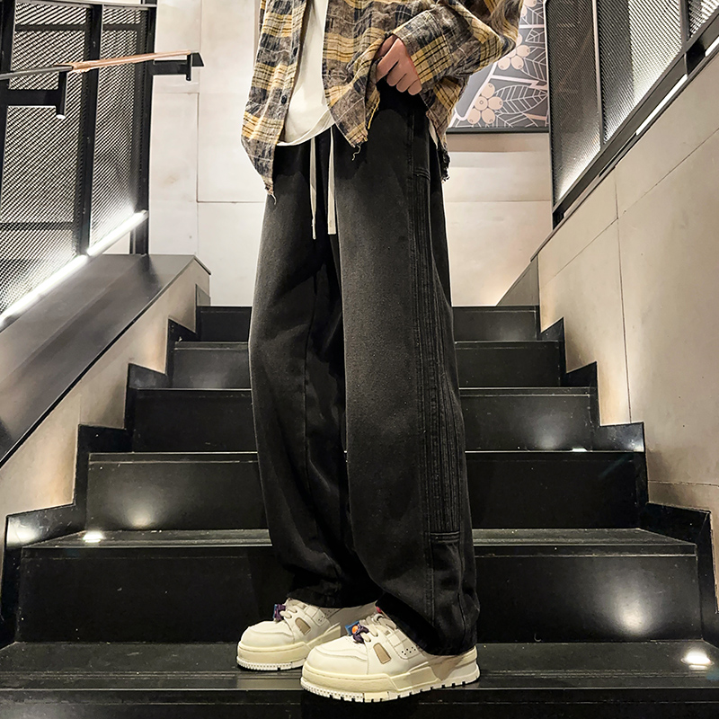2025秋冬新款元素三条杠拼接牛仔长裤现货XZ503-K841P55控78，男装休闲裤，星座503-1
