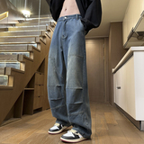 褶皱堆积感牛仔裤男春秋季美式复古蓝垂坠感宽松直筒休闲潮流裤子，男装工装外套，星座503-1