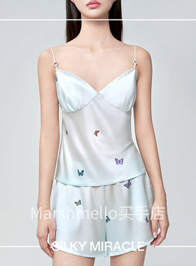 [6折]SILKY MIRACLE蓝色蝴蝶真丝吊带FREE水晶环扣桑蚕丝内衣居家