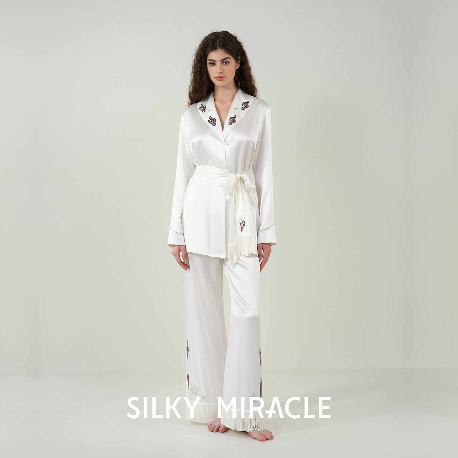 SILKY MIRACLE流苏真丝睡衣Cowboy桑蚕丝仙人掌绣花家居服套装女