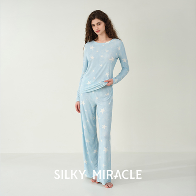 SILKY MIRACLE星星印花针织上衣Cowboy莫代尔桑蚕丝睡衣长袖睡裤