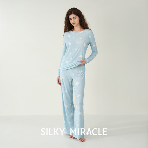 SILKY MIRACLE星星印花针织上衣Cowboy莫代尔桑蚕丝睡衣长袖睡裤