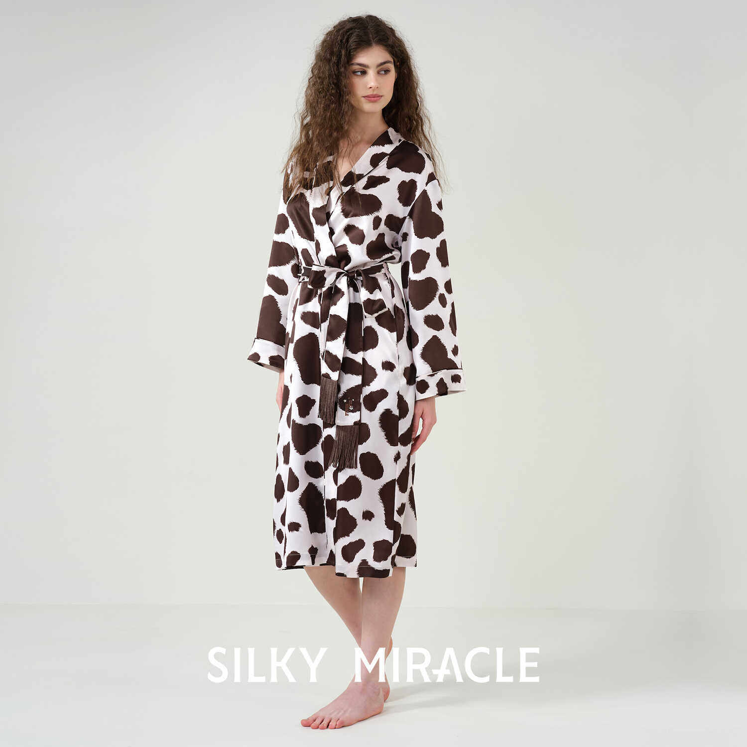 7折起SILKY MIRACLE晨袍Cowboy奶牛纹流苏真丝睡袍桑蚕丝家居服女
