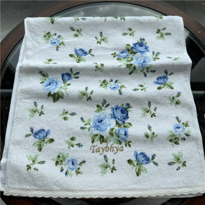 出口日本原单 多样W蕾丝边纯棉柔软全棉蓝色花卉纯棉全棉毛巾面巾