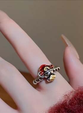 红色财神爷纯银国风戒指女新年招财小众新中式指环食指戒过年手饰