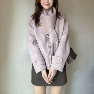 羊毛大衣女短款2025年秋冬新款高级设计感夹棉羊绒围巾领毛呢外套