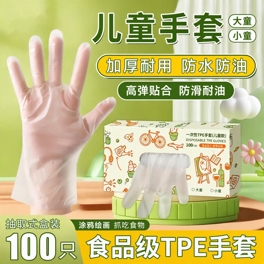 儿童一次性手套食品级TPE加厚耐用宝宝涂鸦辅食家用抽取式盒装