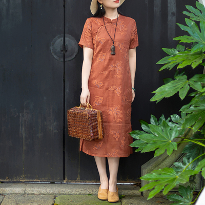 复古苎麻刺绣红色立领盘扣旗袍裙