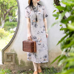 念江南禅意中式复古水墨画气质旗袍宽松改良显瘦棉麻文艺短袖裙子