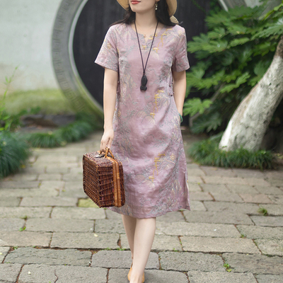 新中式苎麻刺绣盘扣设计感连衣裙