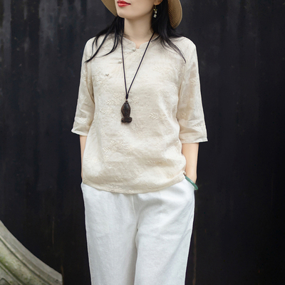 禅意新中式立领斜襟苎麻刺绣衬衫