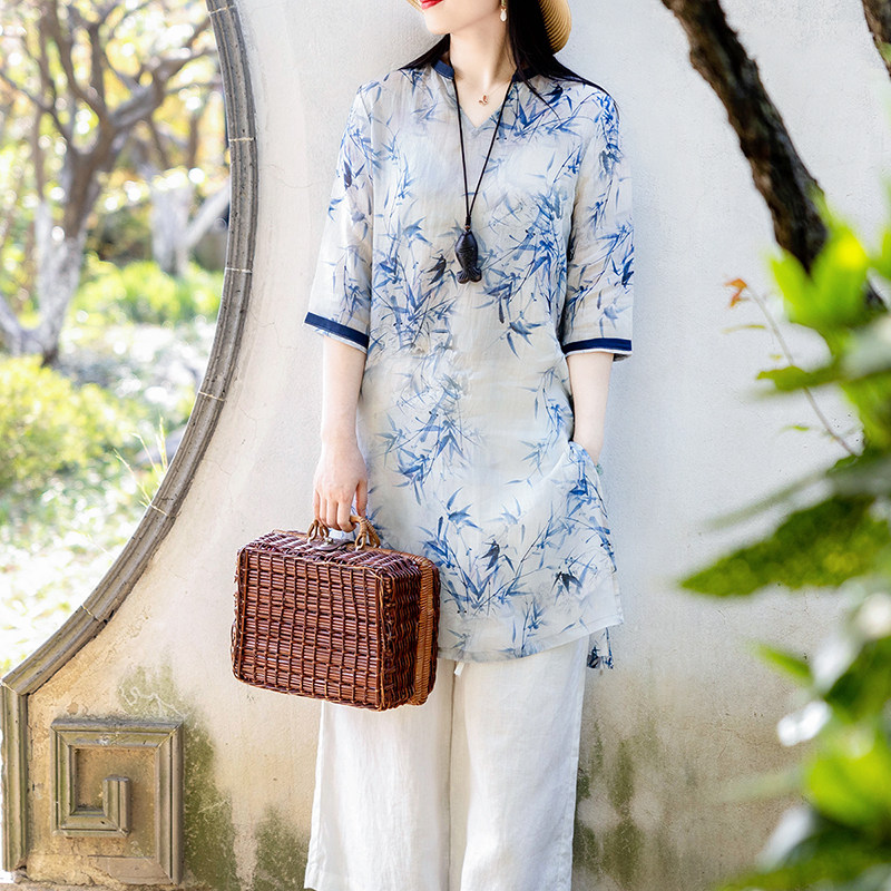 念江南苎麻v领中国风禅意复古中长款通勤宽松上衣女棉麻显瘦茶服