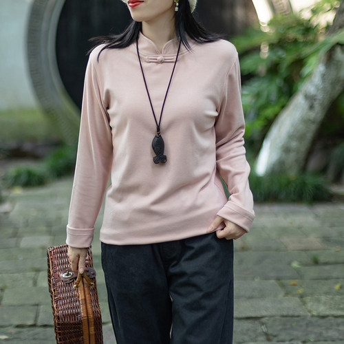 百搭纯色国风盘扣德绒保暖打底衫