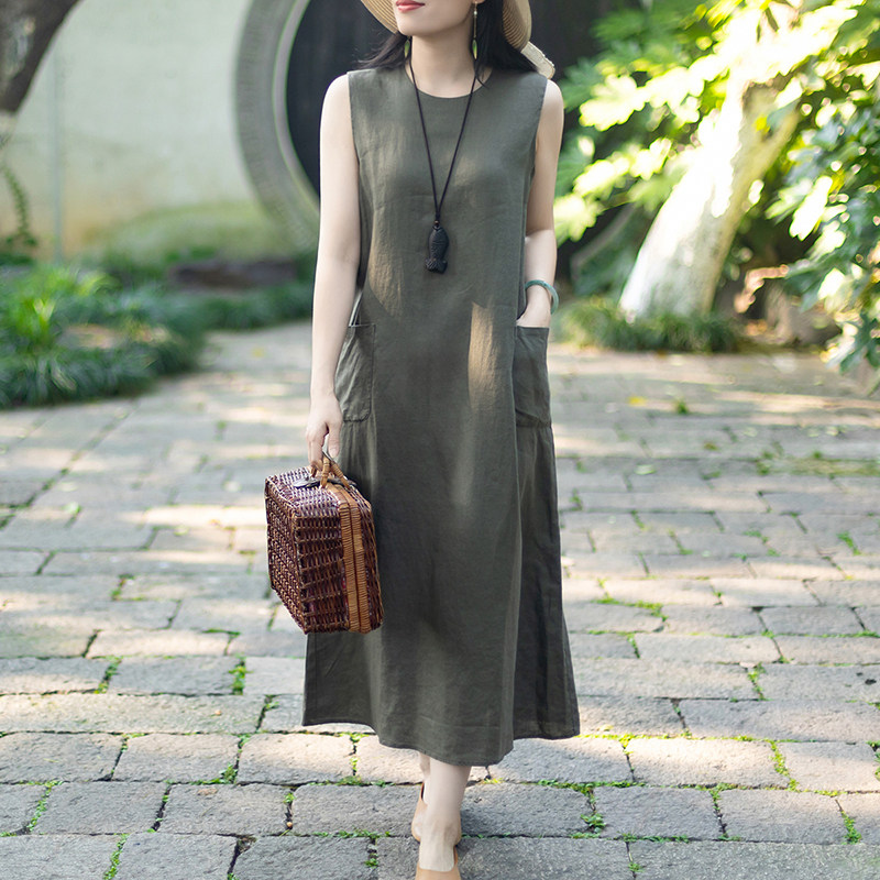 念江南极简优雅100%亚麻无袖连衣裙女大口袋小众设计感背心裙子
