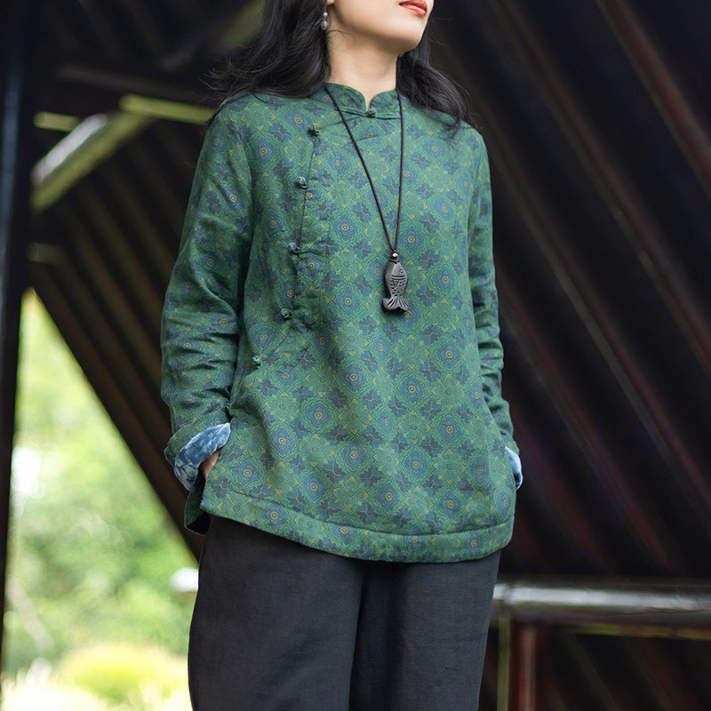 念江南复古香云亚麻印花新中式上衣女文艺立领盘扣加绒棉服小衫