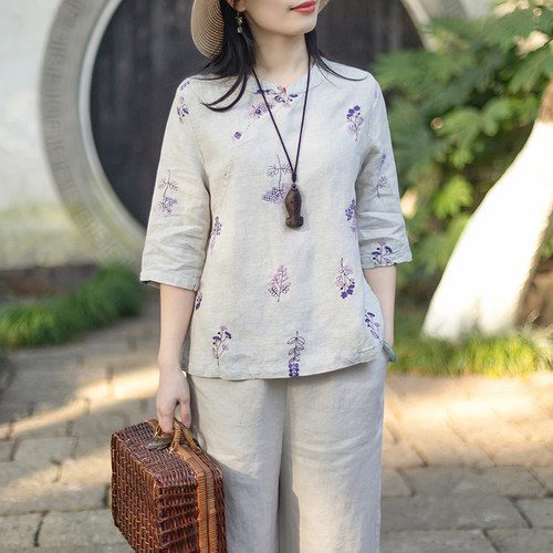 念江南复古气质汉麻立领斜襟新中式衬衫女重磅刺绣植物花卉上衣