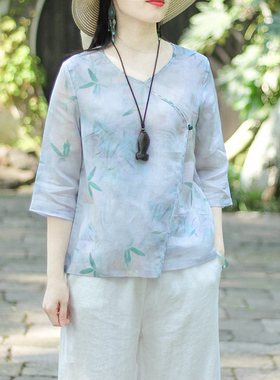 念江南珠扣复古中国风棉麻宽松衬衫女夏文艺苎麻新款印花短款上衣
