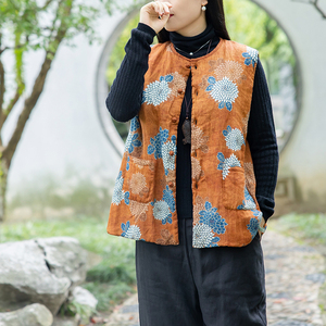 念江南国风复古苎麻印花夹棉保暖马甲女外搭盘扣无袖棉服外套上衣