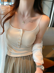 饰螺纹棉舒适内搭自带胸垫无钢圈 纯色小吊带背心纽扣装 夏季 简约款