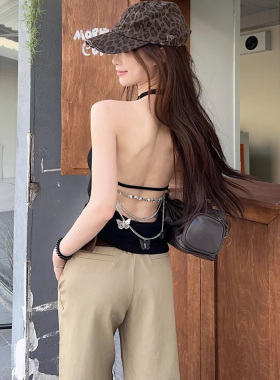 美式链条红色挂脖吊带背心女夏季辣妹性感露背抹胸小上衣独特绝美