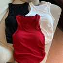 吊带背心抽褶设计修身 红色多巴胺无袖 显瘦带胸垫文胸一体 新款 夏季