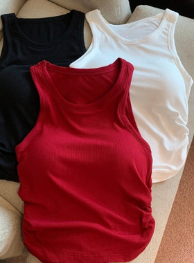 夏季新款红色多巴胺无袖吊带背心抽褶设计修身显瘦带胸垫文胸一体