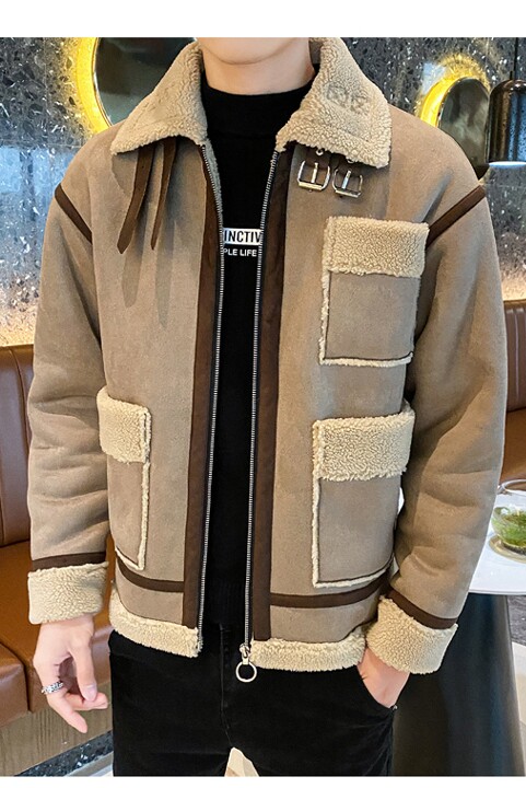 高品质皮毛一体翻领麂皮绒加厚羊羔毛夹克外套1M006,男装毛呢大衣,星座308A