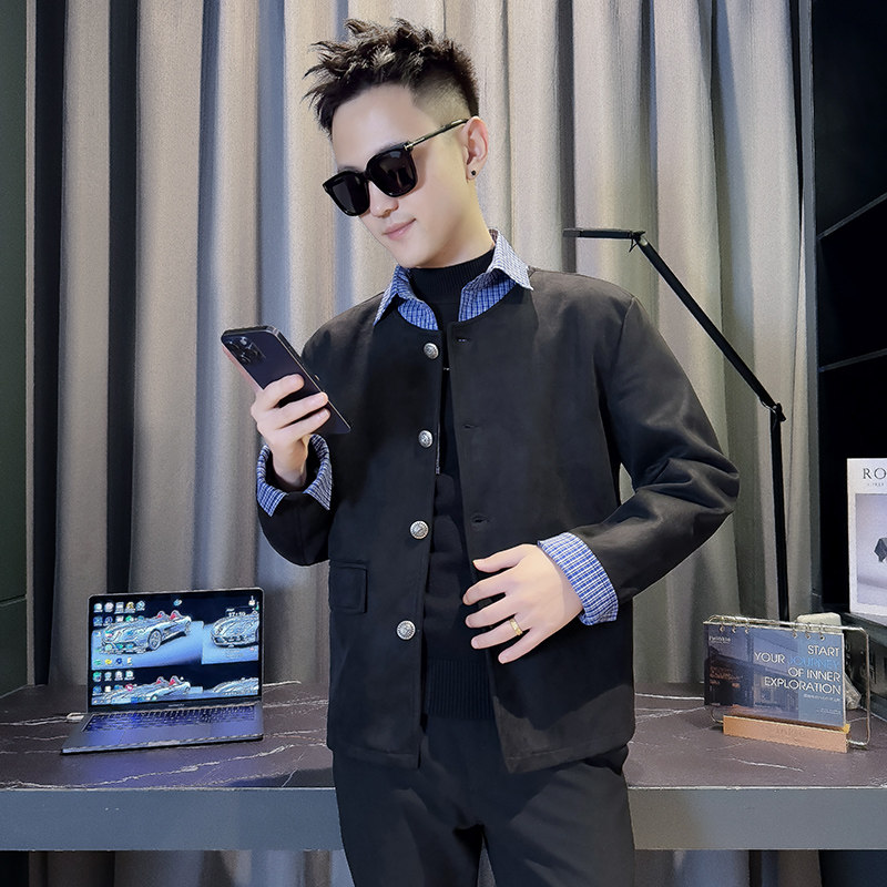 JK88005-P118控158韩版痞帅纯色个性拼接撞色翻领麂皮夹克外套B,男装夹克,星座308A