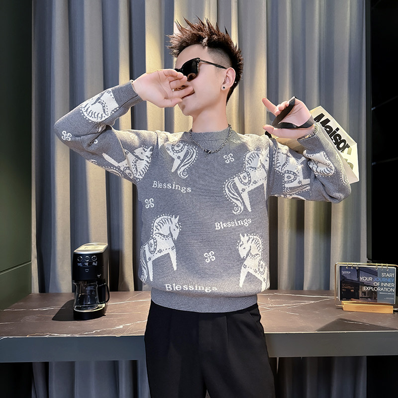 MY813-P68控9826年货大红色本命年卡通马针织衫圆领打底衫毛衣B，男装T恤，星座308A