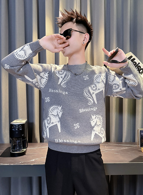 MY813-P68控98  26年货大红色本命年卡通马针织衫圆领打底衫毛衣B