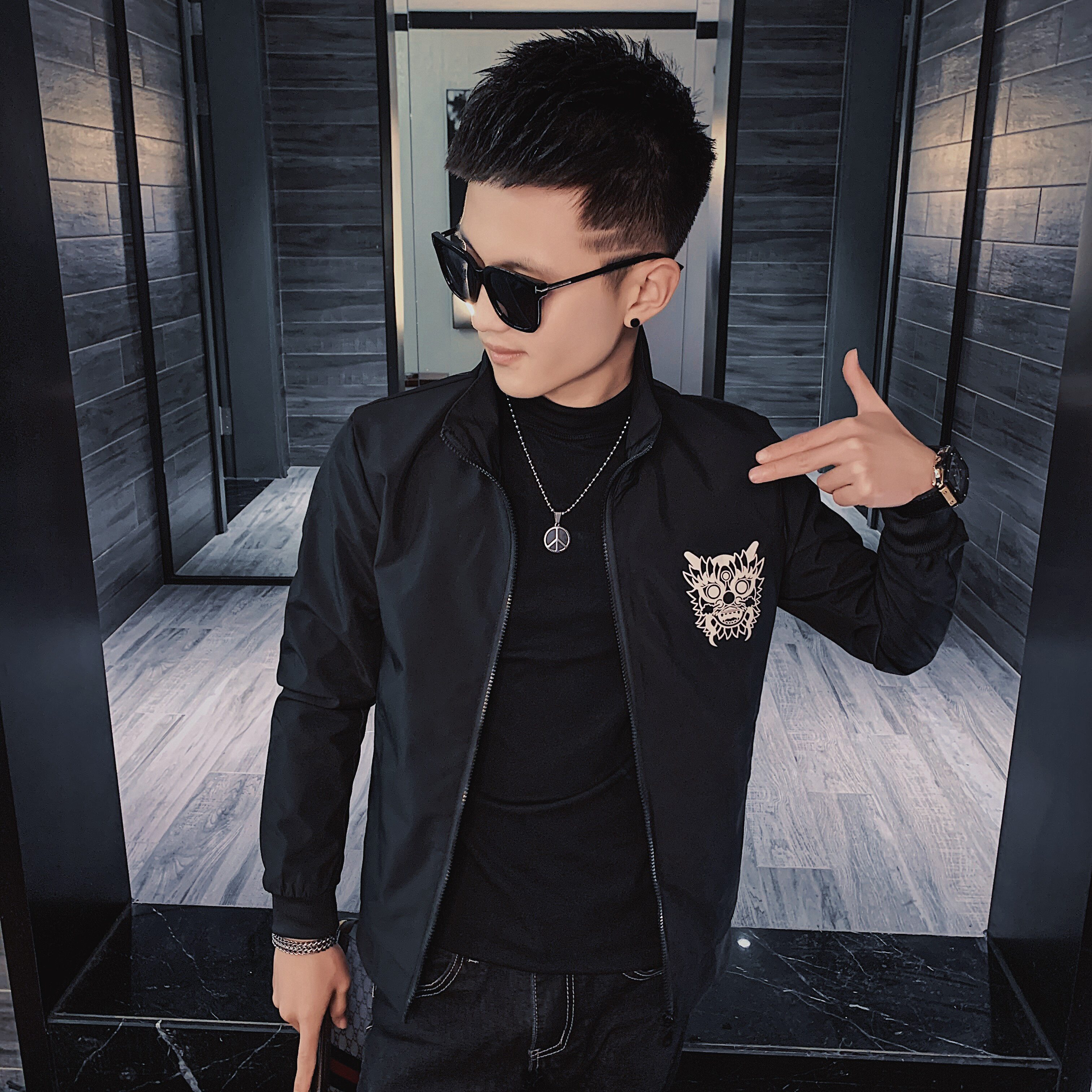 21春款社会小伙韩版修身印花立领拉链夹克外套1J,男装夹克,星座308A