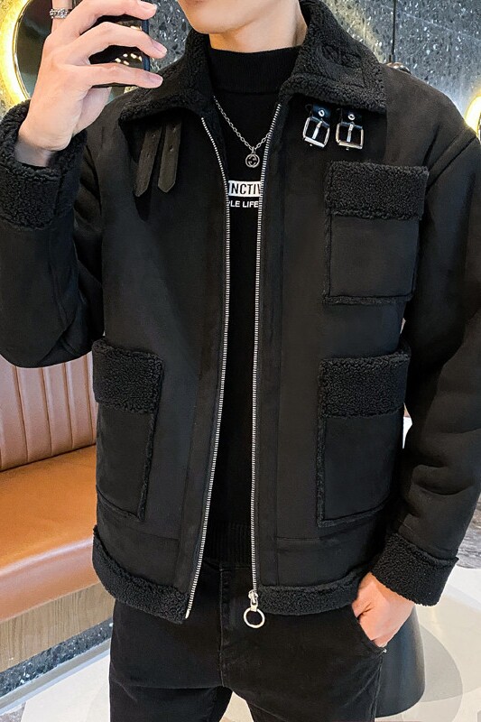 高品质皮毛一体翻领麂皮绒加厚羊羔毛夹克外套4M006,男装毛呢大衣,星座308A