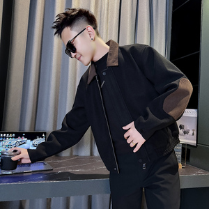 JK9114-P118控158  韩版痞帅纯色个性拼接撞色翻领呢料夹克外套D图片