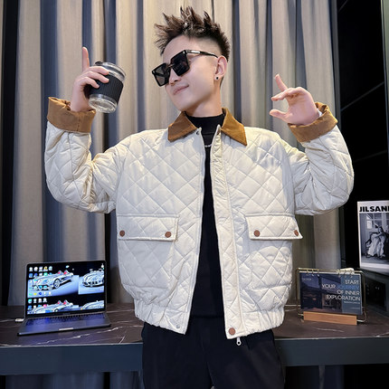 M88012-P135控175 韩版潮牌纯色菱形格翻领拼接加厚保暖棉衣外套A