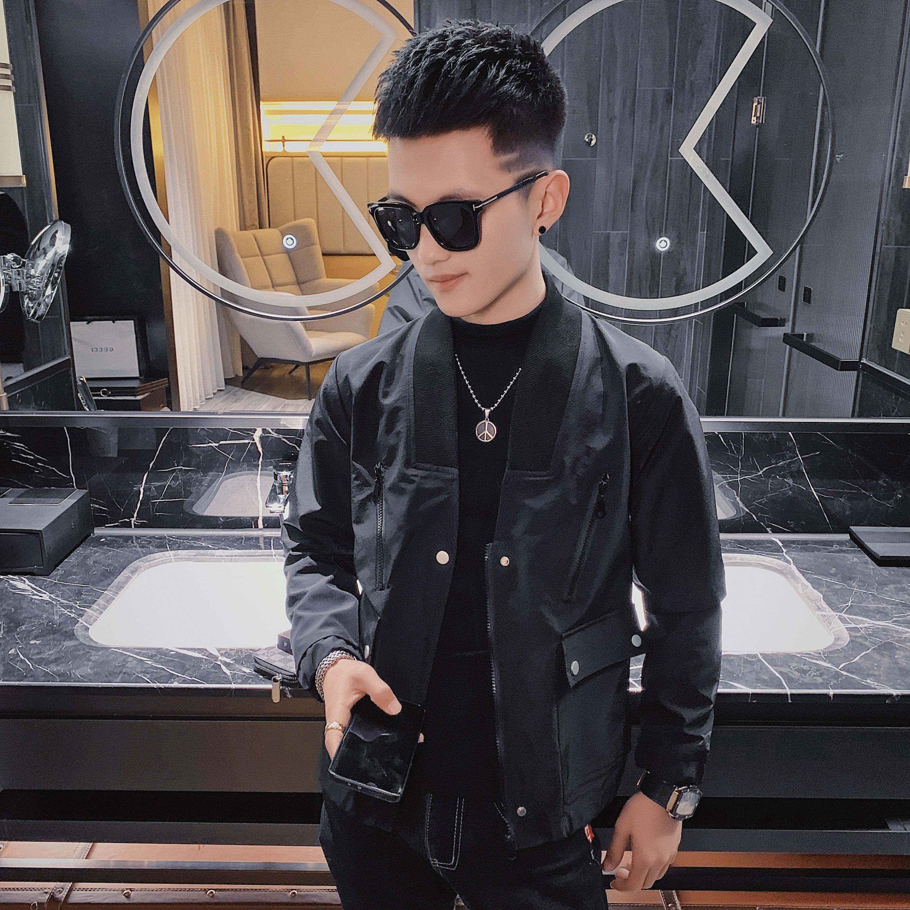 21春装社会小伙韩版纯色无领修身短款夹克外套3J，男装夹克，星座308A