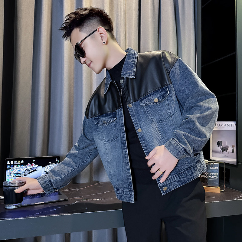 JK2505-P125控165韩版翻领纯色水洗牛仔PU皮拼接工装夹克外套B,男装工装外套,星座308A