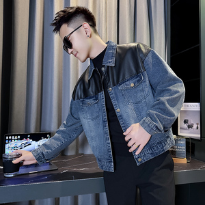 JK2505-P125控165  韩版翻领纯色水洗牛仔PU皮拼接工装夹克外套B图片