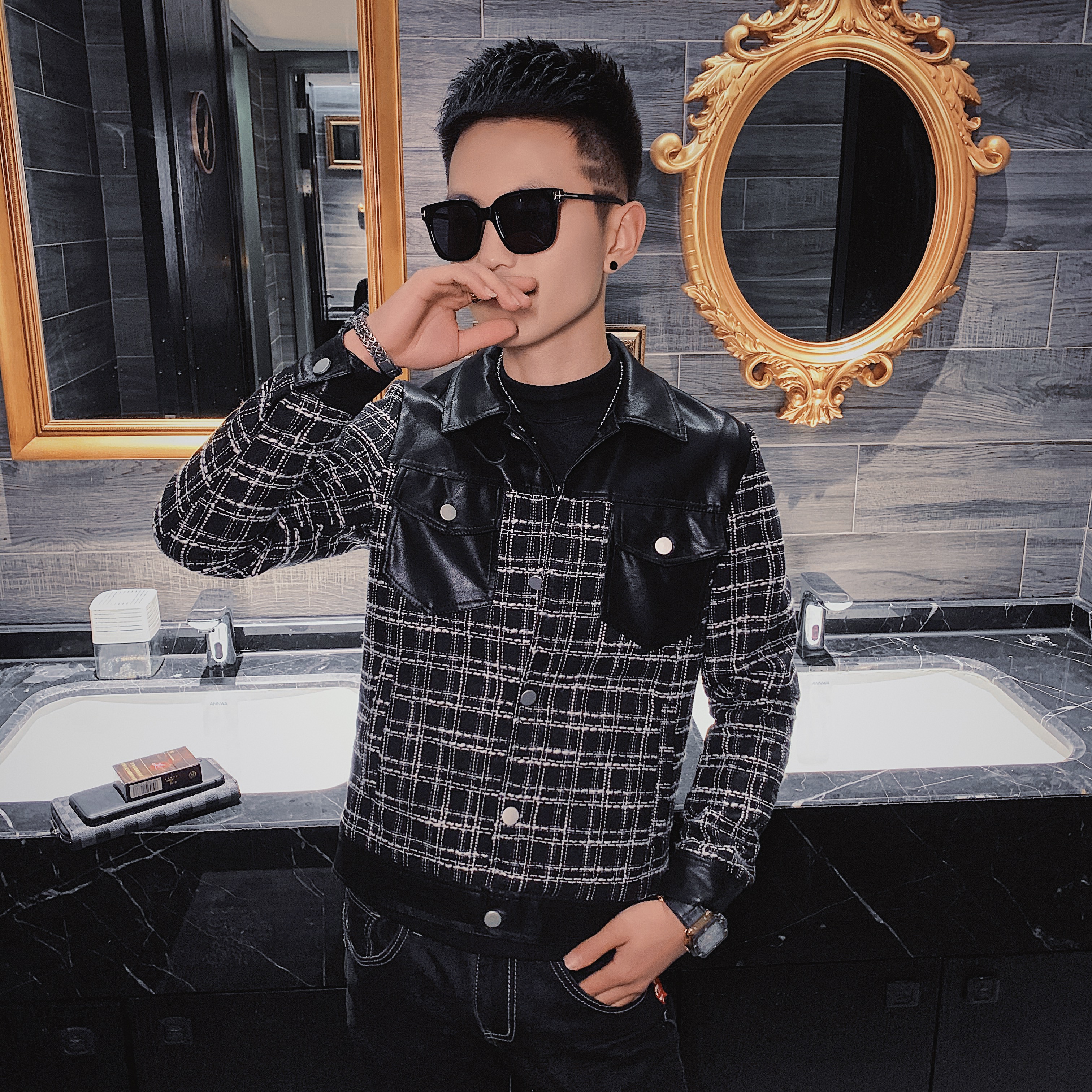 21春款社会小伙修身韩版拼接格子皮领夹克外套2JK113-P105控135，男装夹克，星座308A