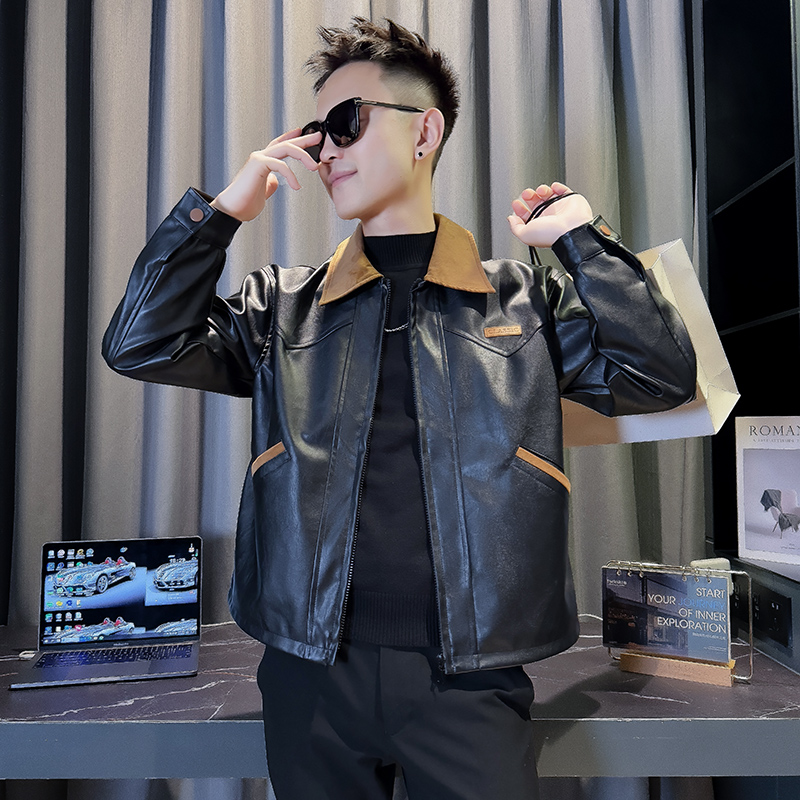 JK88016-P118控158韩版痞帅纯色个性拼接撞色翻领PU皮夹克外套B，男装夹克，星座308A