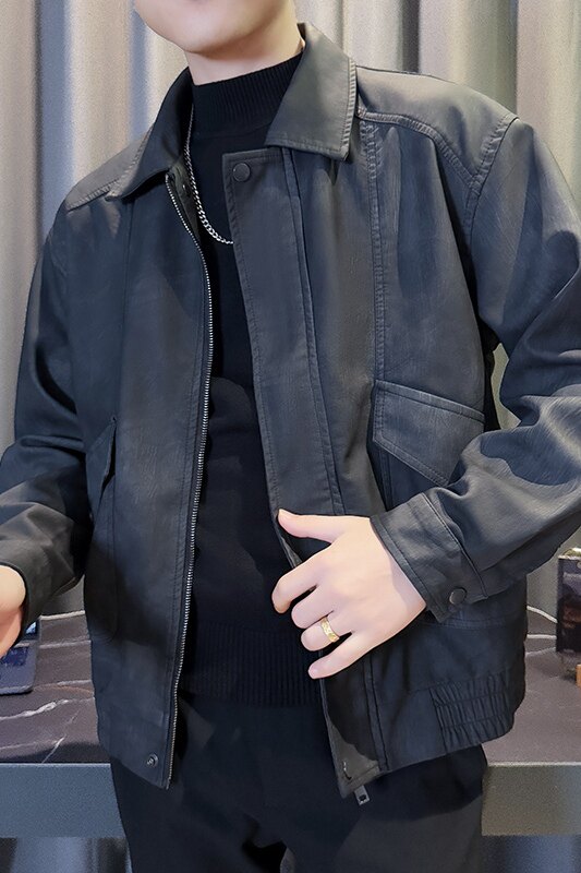 JK803-P125控165韩版翻领纯色水洗PU皮做旧工装夹克外套C,男装夹克,星座308A