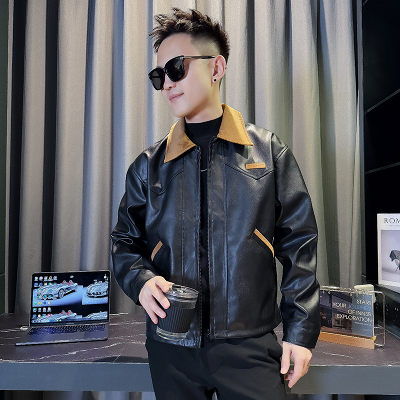 JK88016-P118控158韩版痞帅纯色个性拼接撞色翻领PU皮夹克外套B，男装夹克，星座308A