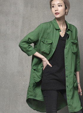 工装衬衫女亚麻棉麻中长款设计感小众宽松外穿绿色衬衣秋休闲上衣