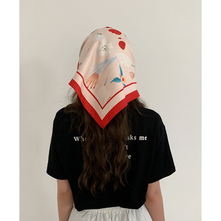 时尚 透气防晒丝巾女个性 百搭清新小方巾绑发包头丝巾领巾 薄款 夏季