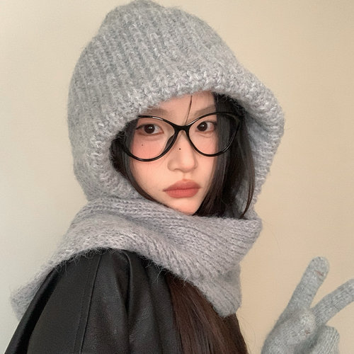 含羊毛女冬季加厚帽子围巾一体
