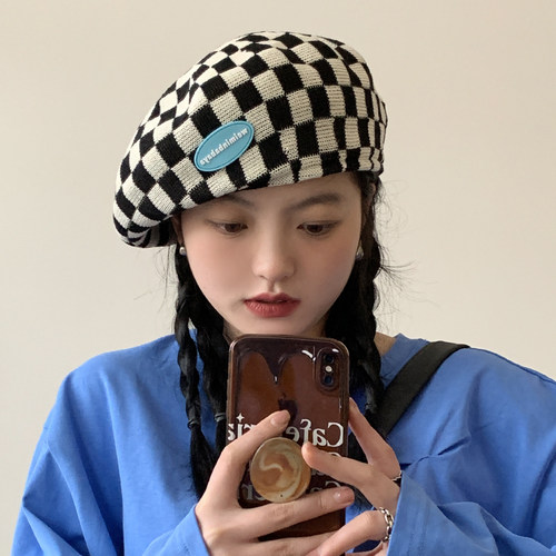 棋盘格子贝雷帽女2024新款