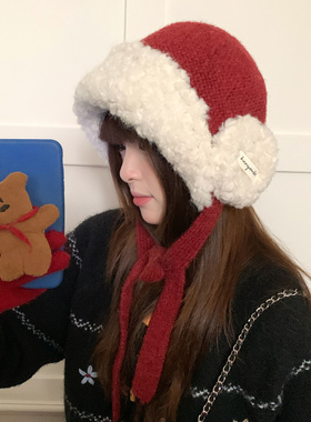 毛绒加厚红色护耳毛线帽子女士秋冬季大头围保暖针织帽新年雷锋帽